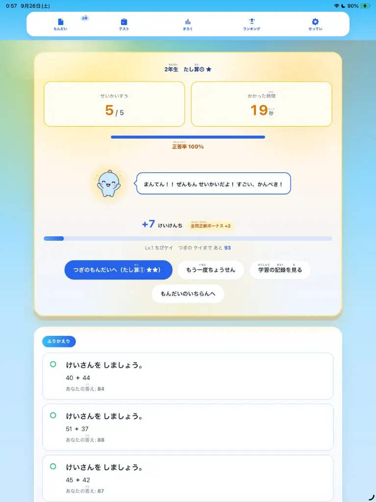 iPadで全問正解になり、ケイが喜んでいる画面